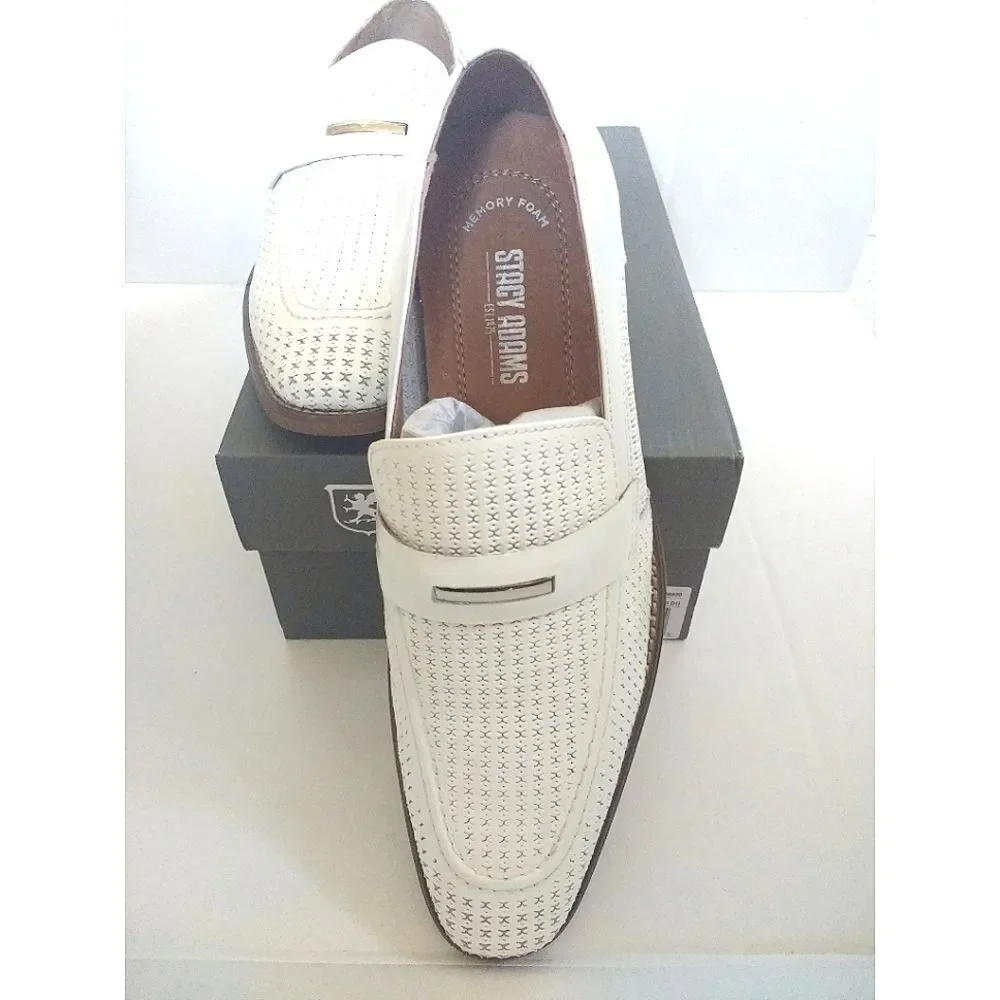 New! STACY ADAMS Belvan Leather Moc Toe Men's Shoes Slip-on White Size 7.5